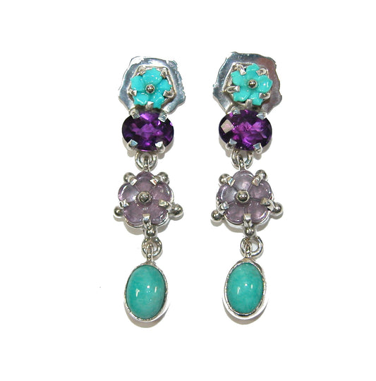 30819 Amethyst Turquoise Flower Sterling Silver Dangle Earrings