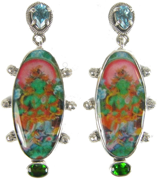 30821 Hand Made Tile Aquamarine Chrome Diopside Sterling Silver Earrings