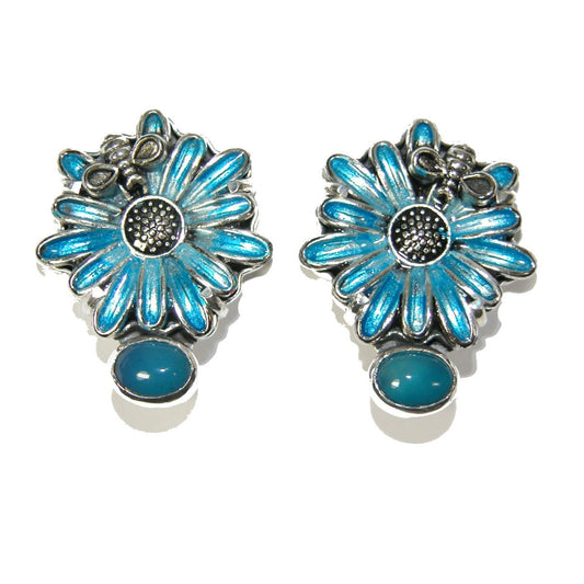 Hand Painted Enameled Flower Blue Onyx Sterling Silver Earrings