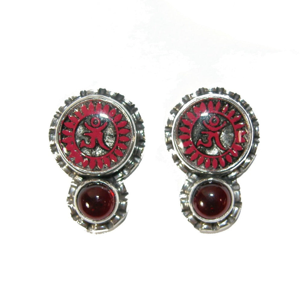 Zen Collection Hand Painted Enamel Garnet Sterling Silver Earrings