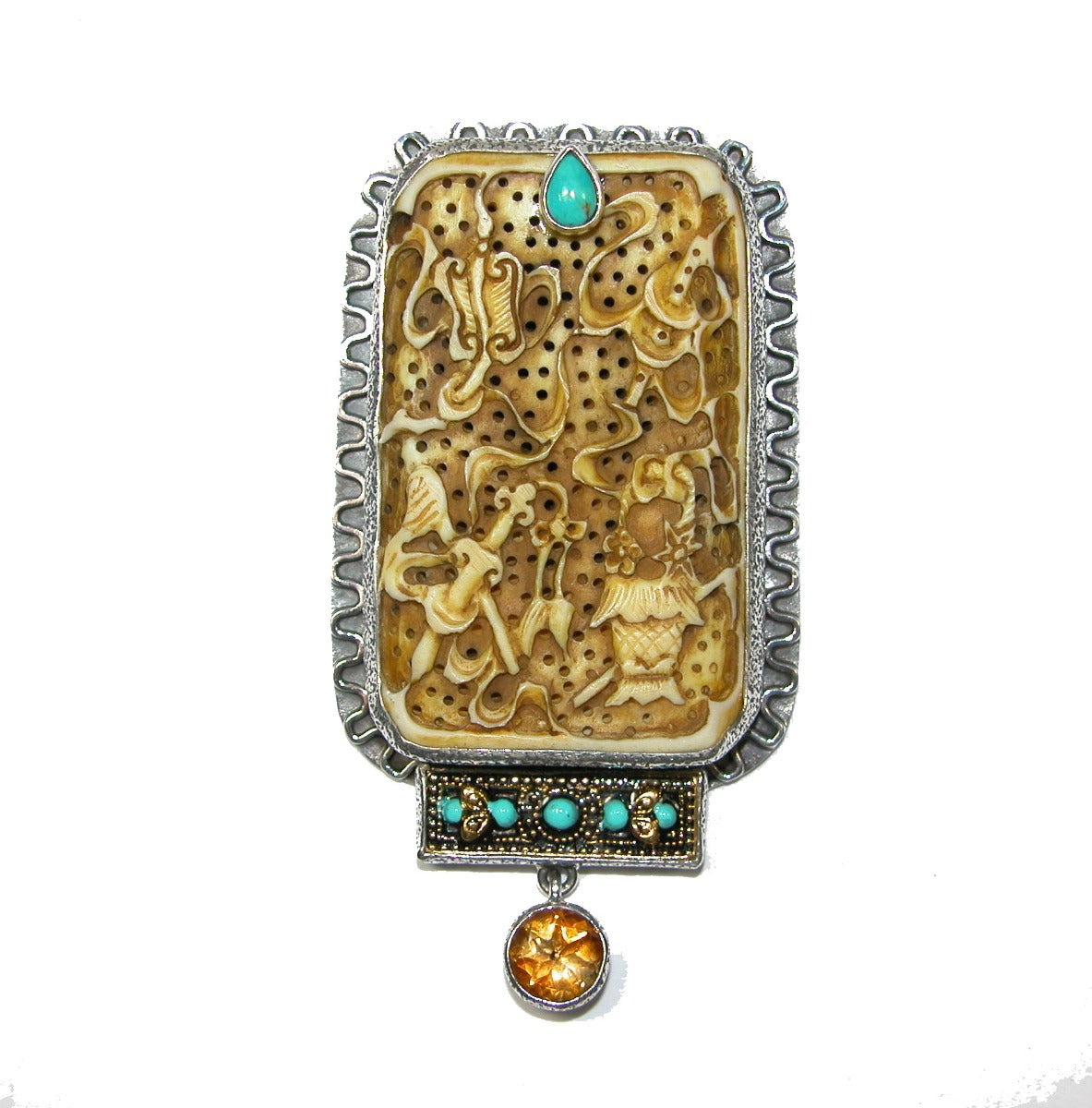 Hand Carved Fossil with Turquoise Enamel and Citrine Pin Pendant