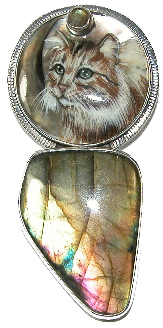 Hand Painted Car on Mother of Pear with Labradorite Pin Pendant