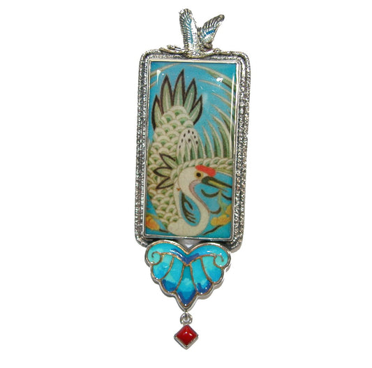 Hand Made Tile Enamel Crane Coral Pin Pendant