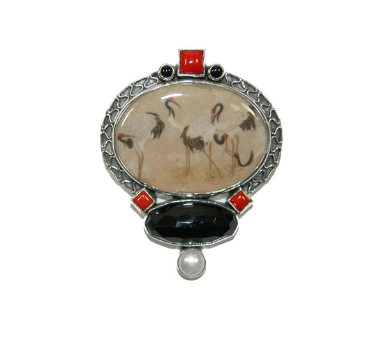 Hand Made Tile Black Onyx Coral Freshwater Pearl Pin and Pendant