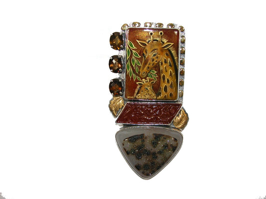 Hand Painted Giraffe Cognac Topaz Carved Carnelian Pin Pendant