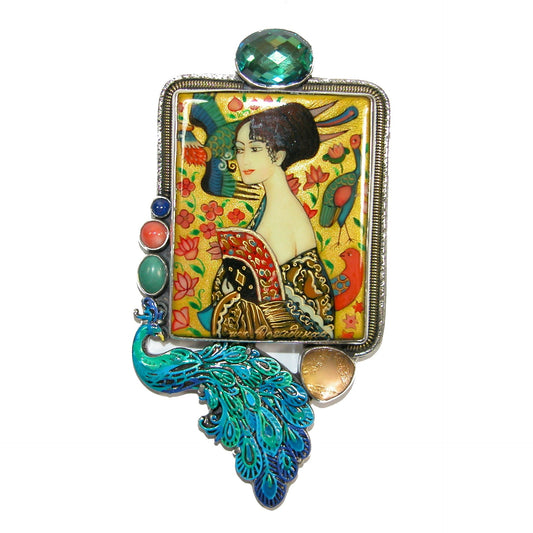 Hand Painted Peacock Lady Enamel Lapis Coral Pin Pendant