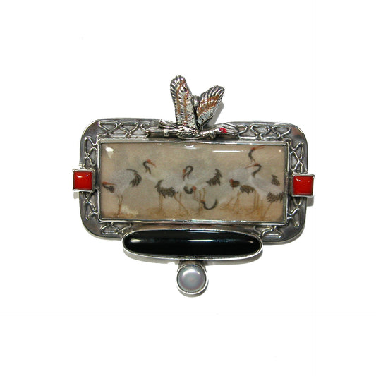 30843 Black Onyx, Crane Hand Made Tile Sterling Silver Pin and Pendant