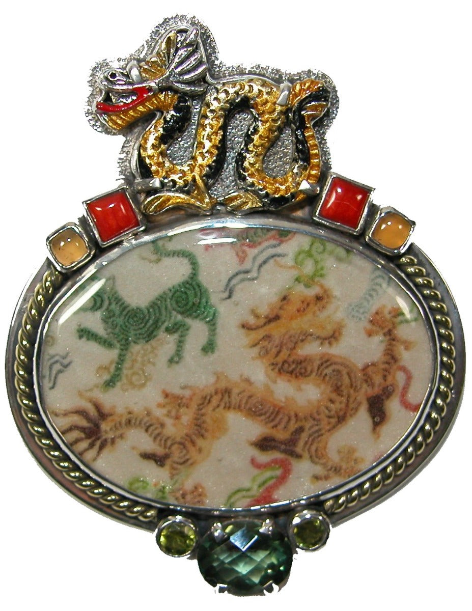 Enameled Dragon Hand Made Tile Carnelian Coral Pin Pendant