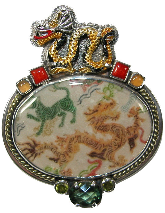 Enameled Dragon Hand Made Tile Carnelian Coral Pin Pendant