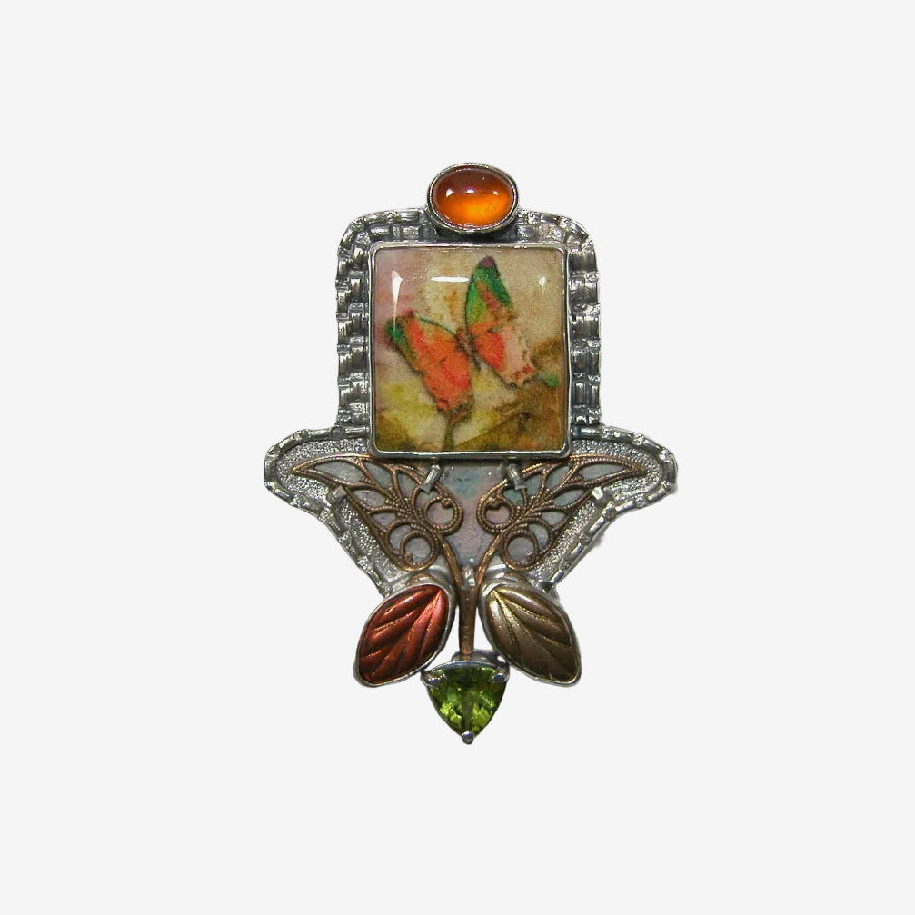 30846 Handmade Tile Butterfly Sterling Silver Pin / Pendant