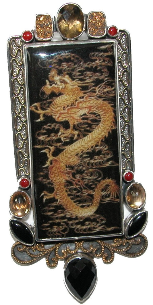 Black Onyx, Cold Glad Drusy with Handmade Dragon Tile Sterling Silver Pin and Pendant