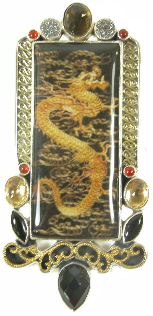 Hand Made Tile Drusy Smoky Quartz coral Black Onyx Sterling Silver Pin Pendant
