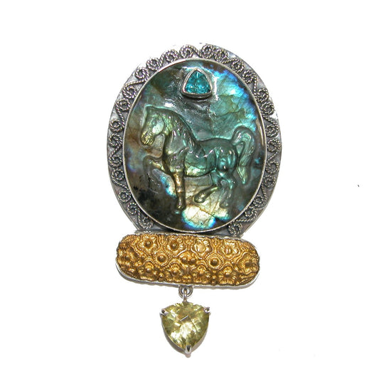 Hand Carved Horse on Labradorite with Citrine and Blue Topaz Pin Pendant