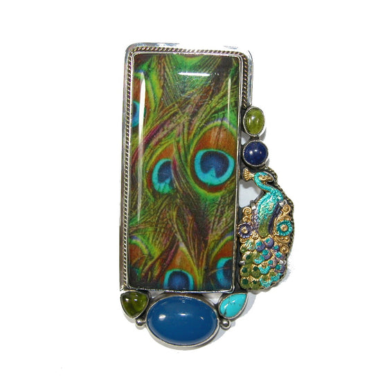 Hand Made Peacock Tile Enamel Lapis Peridot Pin Pendant