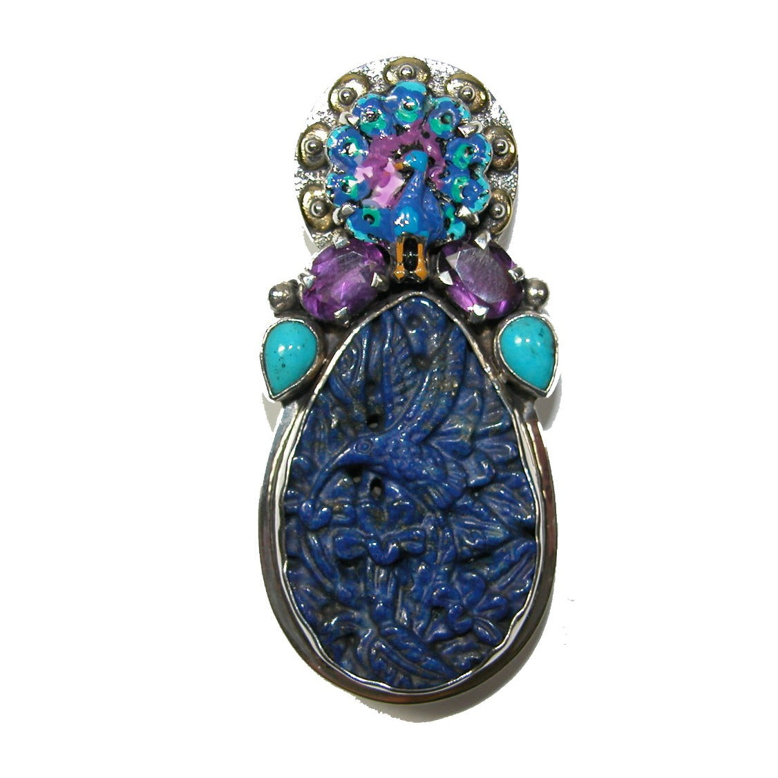 Hand Carved Lapis Turquoise Amethyst Enamel Pin Pendant