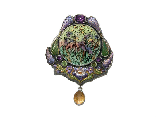 Mosaic Amethyst Enamel Gold Under Quartz Pin Pendant