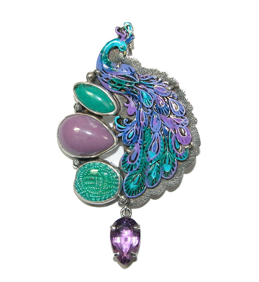30858 Amethyst, Turquoise, Hand Painted Enamel Peacock Pin and Pendant