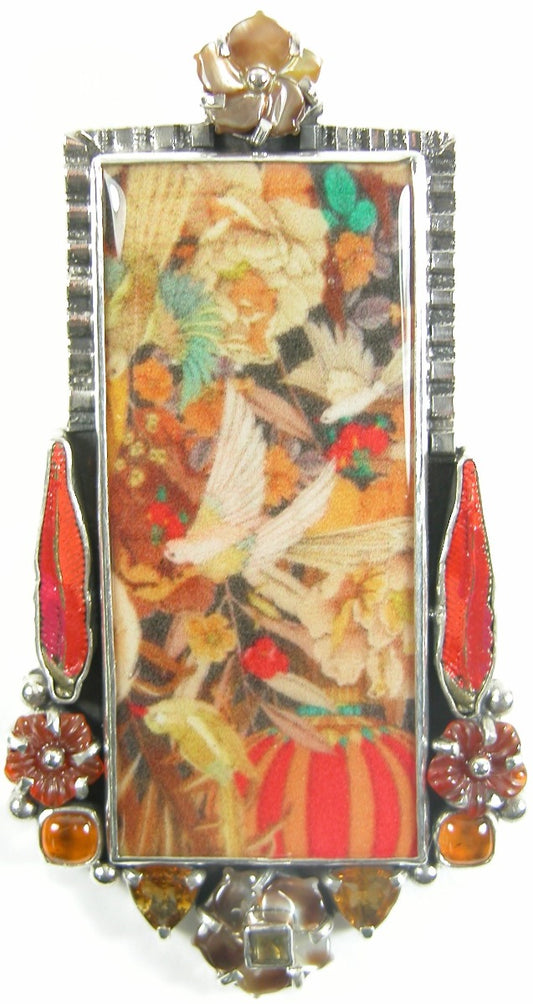 30872 Handmade Bird Tile Citrine Hessonite Sterling Silver Pin Pendant
