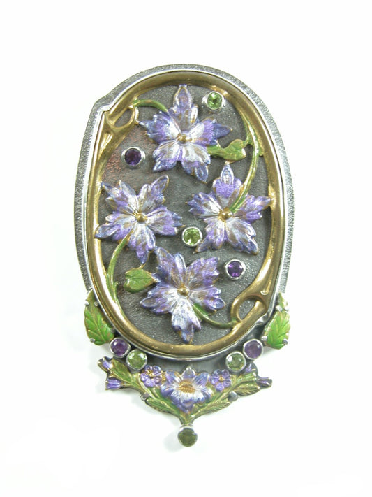 Hand-Painted Enamel Flowers with Peridot and Amethyst Pin Pendant