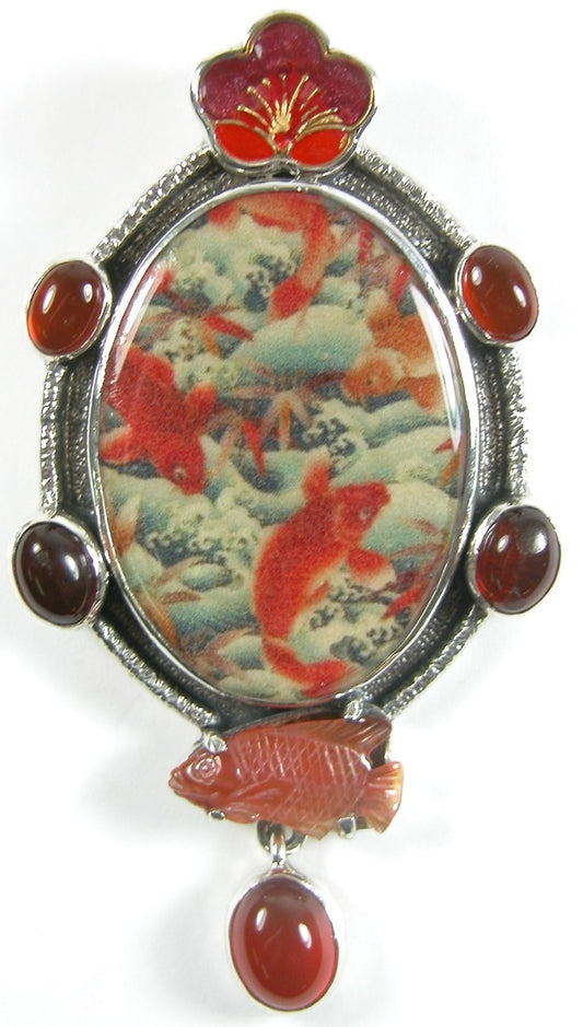 30877 Koi Fish Tile Carnelian Garnet Enamel Sterling Silver Pin Pendant