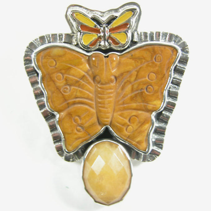30884 Hand-Carved Jasper Butterfly, Sterling Silver Pin / Pendant
