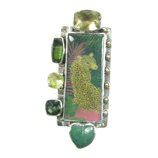 30889 Hand Made Tile, Lemon Citrine, Celestial Quartz Leopard Sterling Silver Pin Pendant
