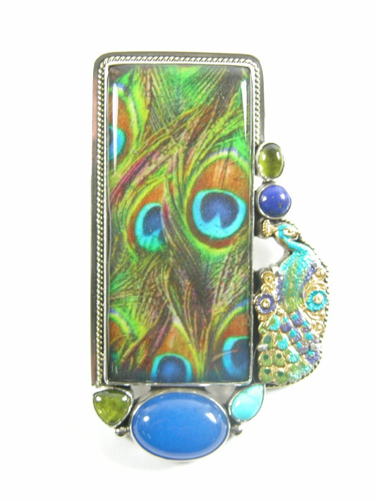 30890 Handmade Tile Enamel Peacock Peridot Turquoise Sterling Silver Pin Pendant