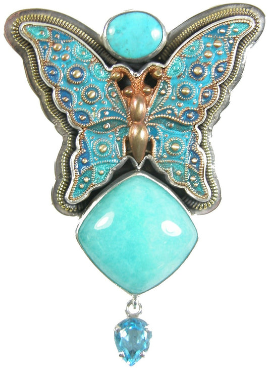 30893 Enameled Butterfly Amazonite Turquoise Blue Topaz and Sterling Silver Pin/Pendant