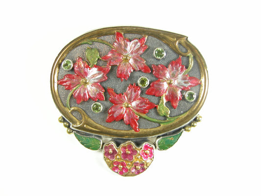 Pink Enameled Flowers Leaves Peridot Sterling Silver Pin/Pendant