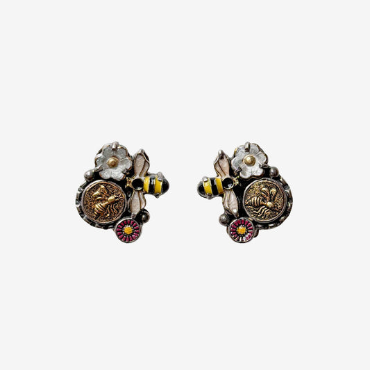 30912 Hand-Enameled Bee, Floral Earrings