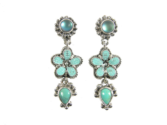 Turquoise, Quartz and Hand Enameled Sterling Silver Earrings