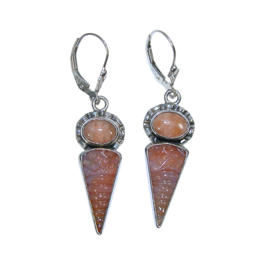 30922L Carved Carnelian, Coral Sterling Silver Earrings