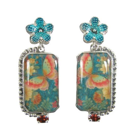 Teal Hand Enameled Flowers with Butterfly Handmade Tile Dangle Sterling Silver Earrings