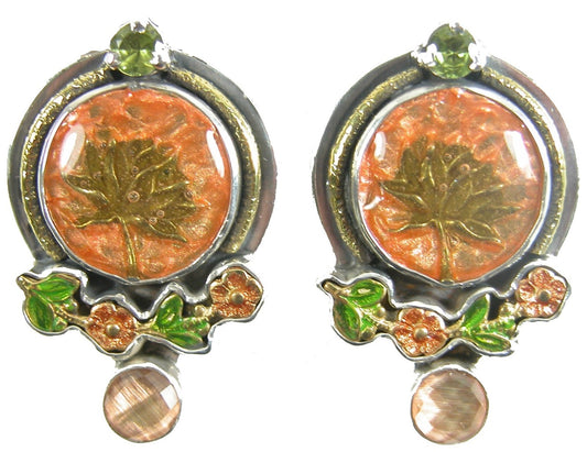 30924 Peridot Quartz and Hand Enameled Lotus Sterling Silver Earring