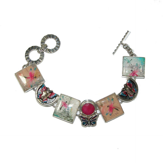30926 Hand Made Tile Enameled Butterfly with Raspberry Quartz Sterling Silver Bracelet