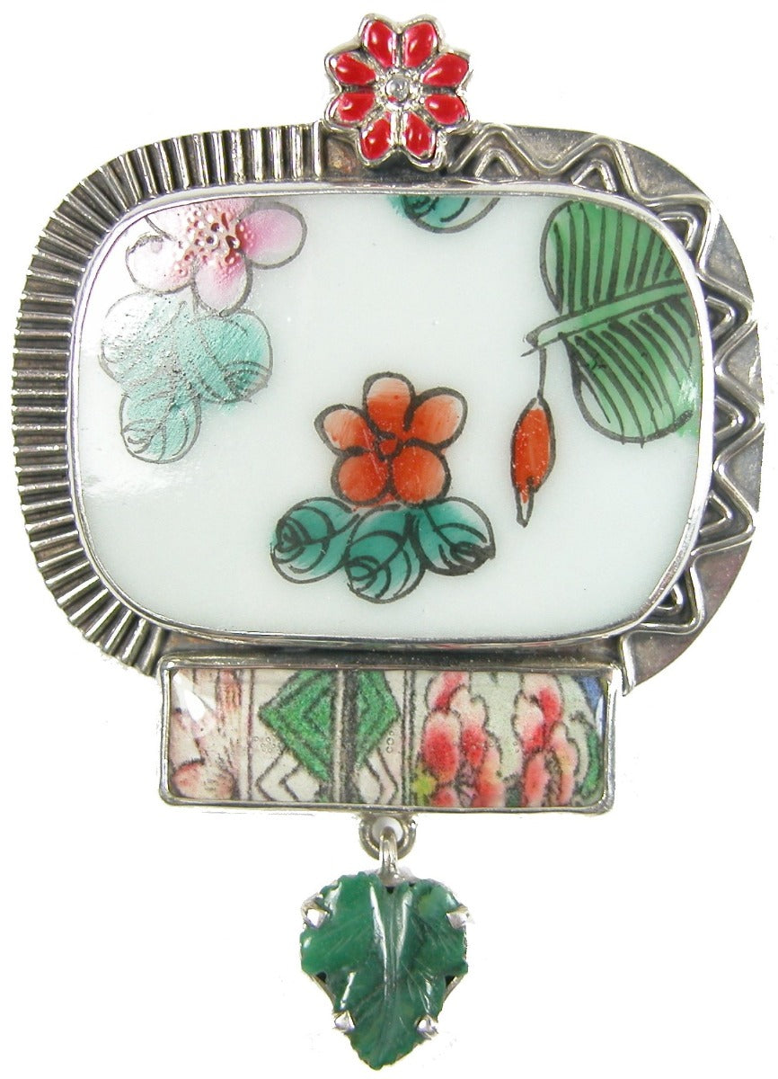 Painted Porcelain Flowers Jade Leaf Enamel Sterling Silver Pendant