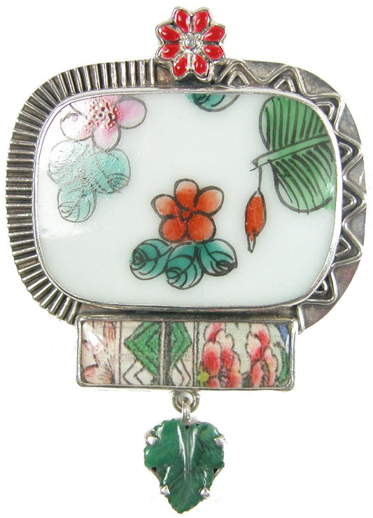 Painted Porcelain Flowers Jade Leaf Enamel Sterling Silver Pendant