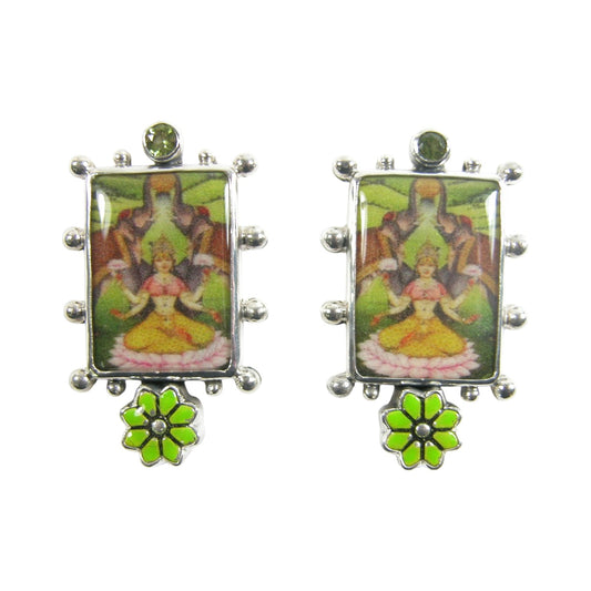 30929 Peridot Hand Made Zen Tile with Hand Enameled Floral Sterling Silver Earrings