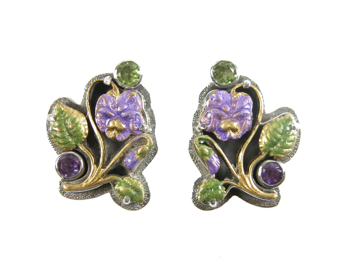 Peridot and Amethyst on a Enamel Lily Flower Earring