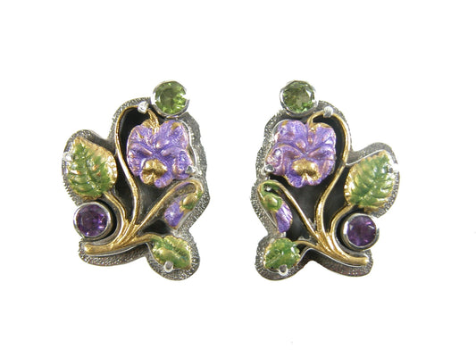 Peridot and Amethyst on a Enamel Lily Flower Earring