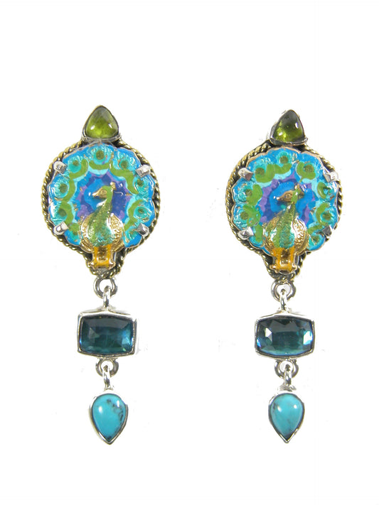 Vesuvianite, Turquoise, Topaz and Hand Enameled Peacock Sterling Silver Earrings