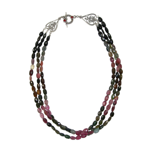 30695 Tourmaline Three Strand Sterling Silver Beaded Necklace