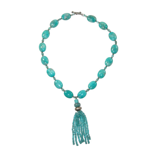 30696 Amazonite, Apatite Tassel Sterling Silver Beaded Necklace