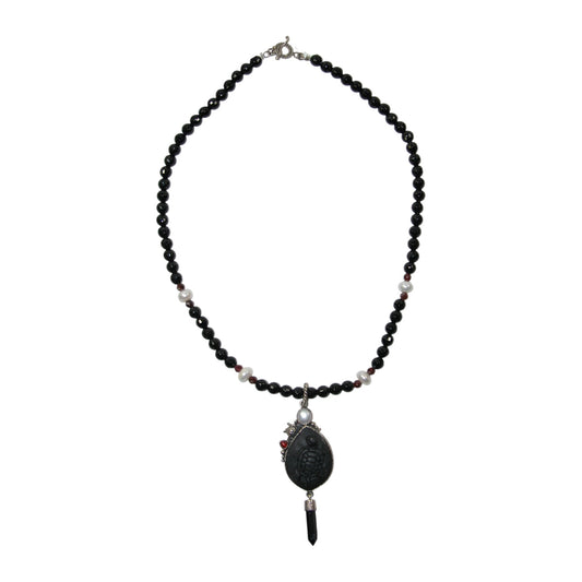 Obsidian, Freshwater Pearl, Quartz, Garnet Sterling Silver Beaded Necklace