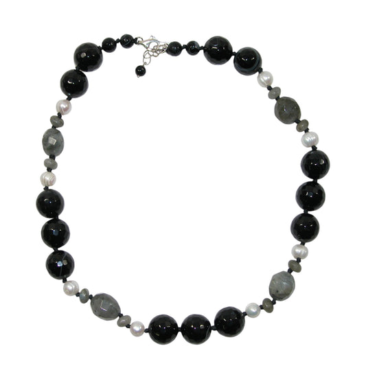 5250B Black Onyx, Agate Sterling Silver Beaded Necklace