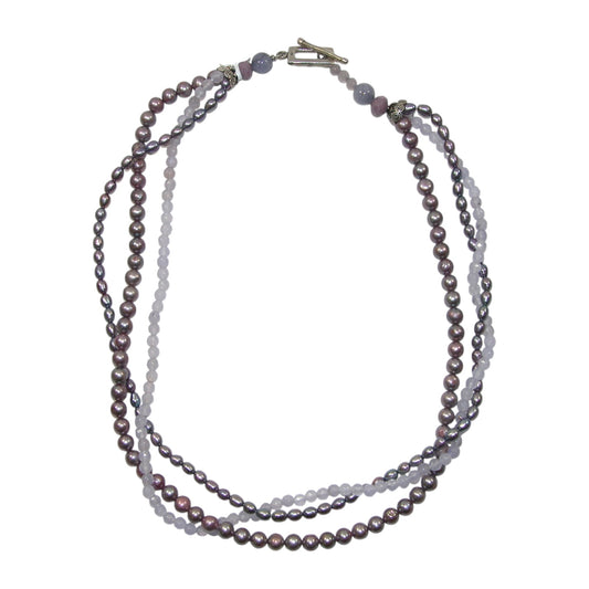 Purple Freshwater Pearl Three Strand Sterling Silver Beaded Necklace
