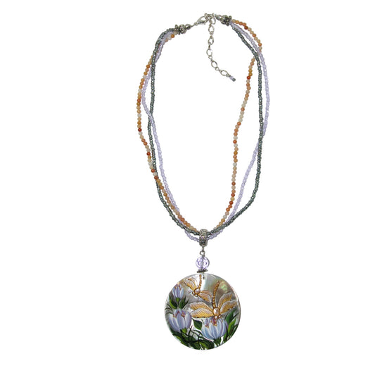 Hand Painted Mother of Pearl, Yellow Jade, Crystal Sterling Silver Beaded Necklace
