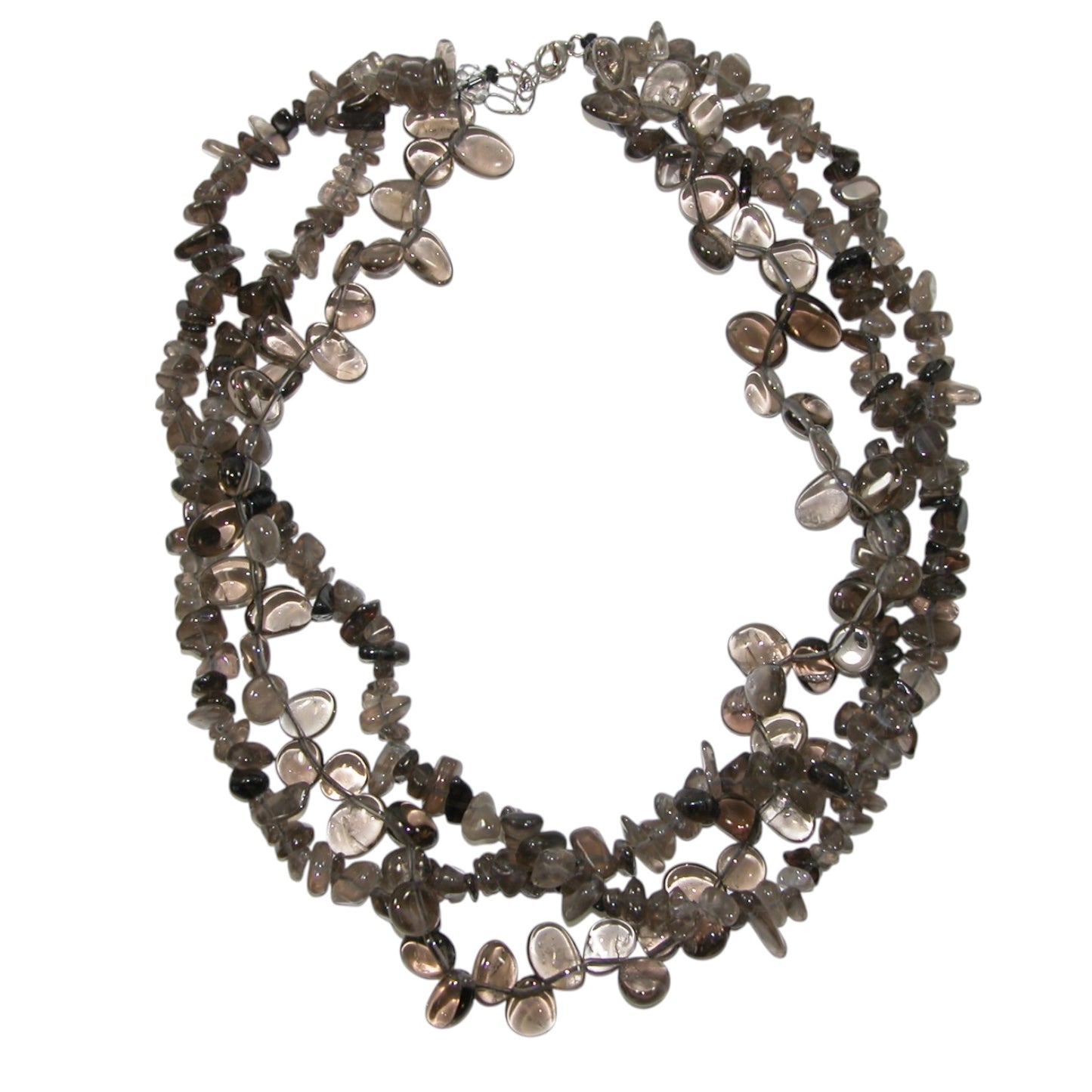N30378 Quartz Three Strand Sterling Silver Beaded Necklace