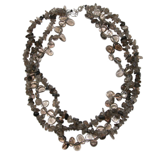 N30378 Quartz Three Strand Sterling Silver Beaded Necklace