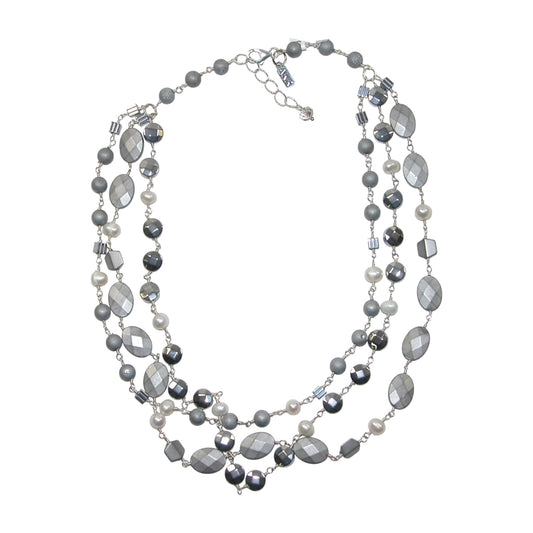 N5471 Freshwater Pearl, Titanium Clad Drusy Agate, Hematite Sterling Silver Beaded Necklace